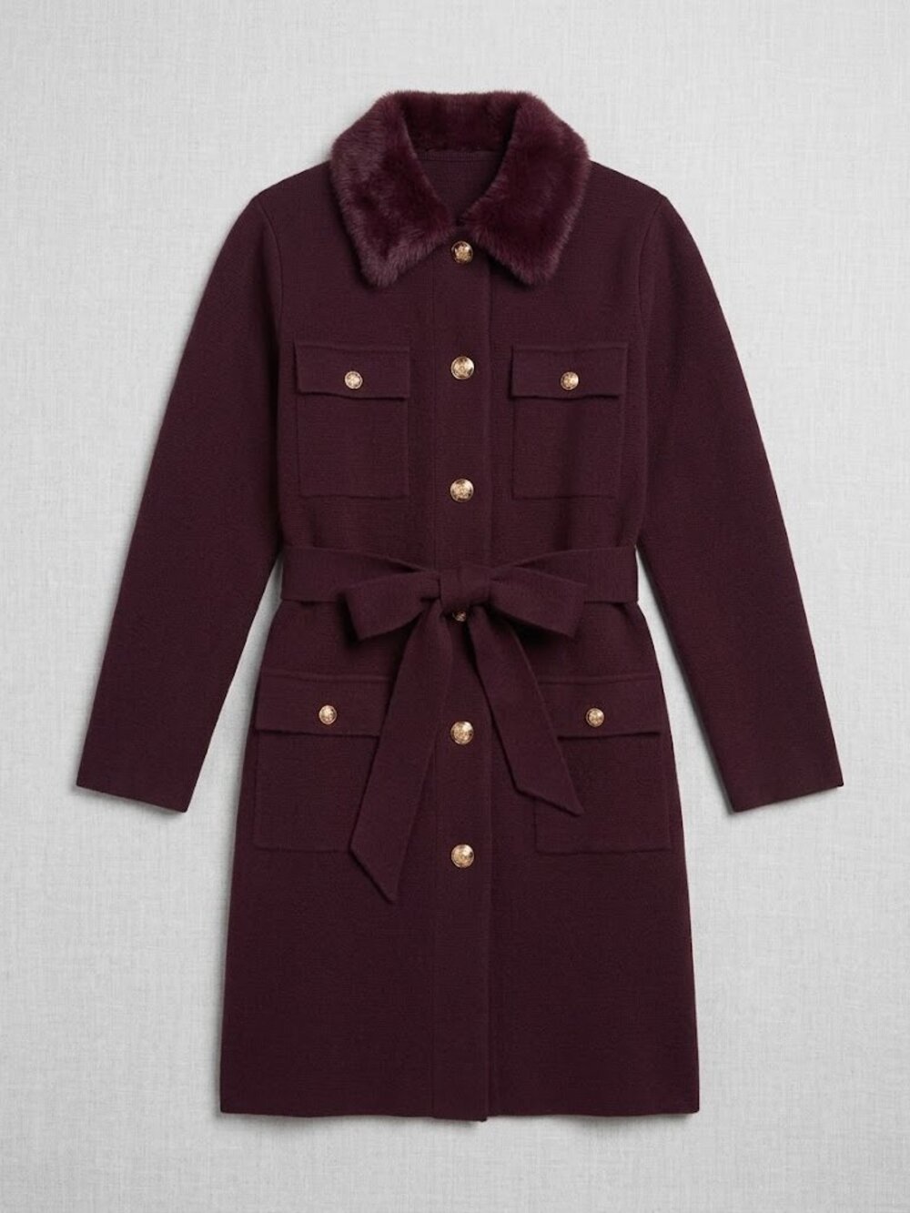 NVLT Anthropologie Military Belted Coatigan Faux Fur Collar Dark Plum Sweater
